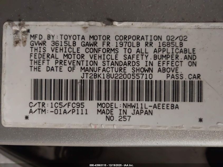 2002 Toyota Prius VIN: JT2BK18U220055710 Lot: 43963115