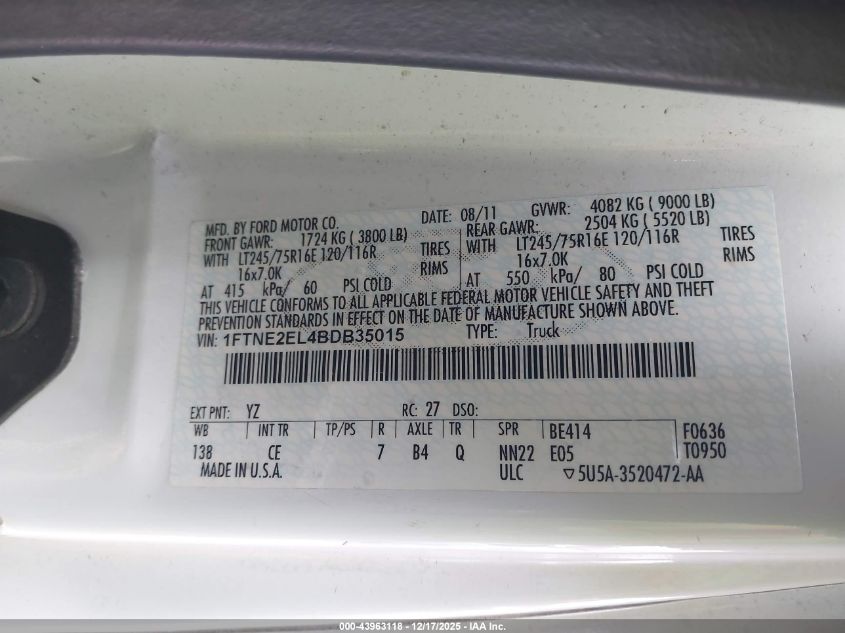 2011 Ford E-250 Commercial VIN: 1FTNE2EL4BDB35015 Lot: 43963118