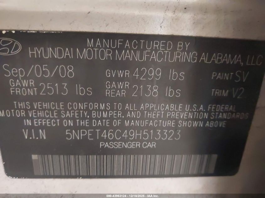 2009 Hyundai Sonata Gls VIN: 5NPET46C49H513323 Lot: 43963124