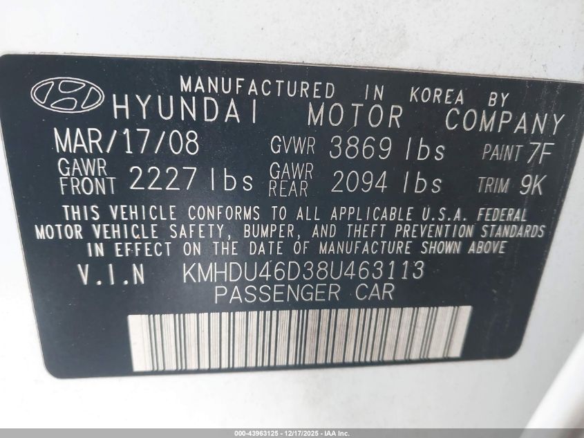 2008 Hyundai Elantra Gls/Se VIN: KMHDU46D38U463113 Lot: 43963125