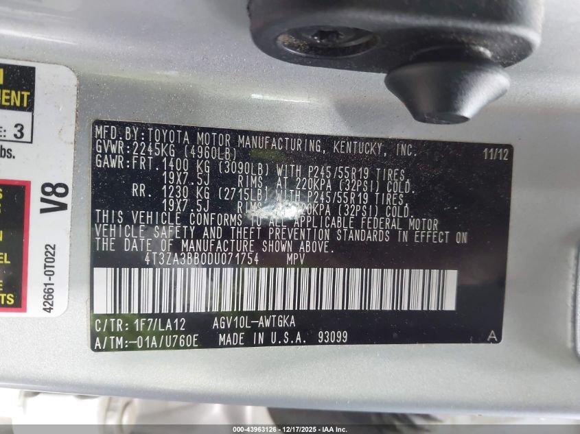 2013 Toyota Venza Xle VIN: 4T3ZA3BB0DU071754 Lot: 43963126