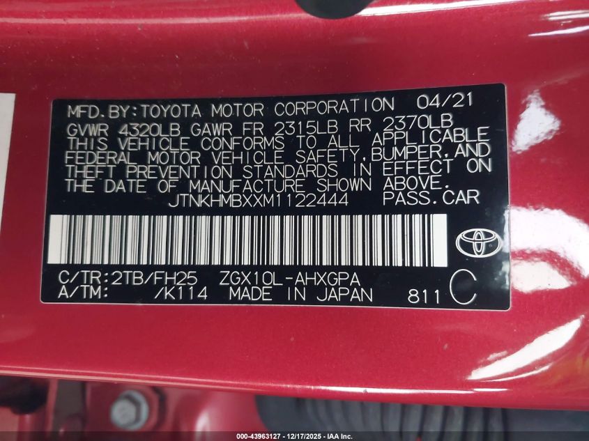 2021 Toyota C-Hr Nightshade Edition VIN: JTNKHMBXXM1122444 Lot: 43963127