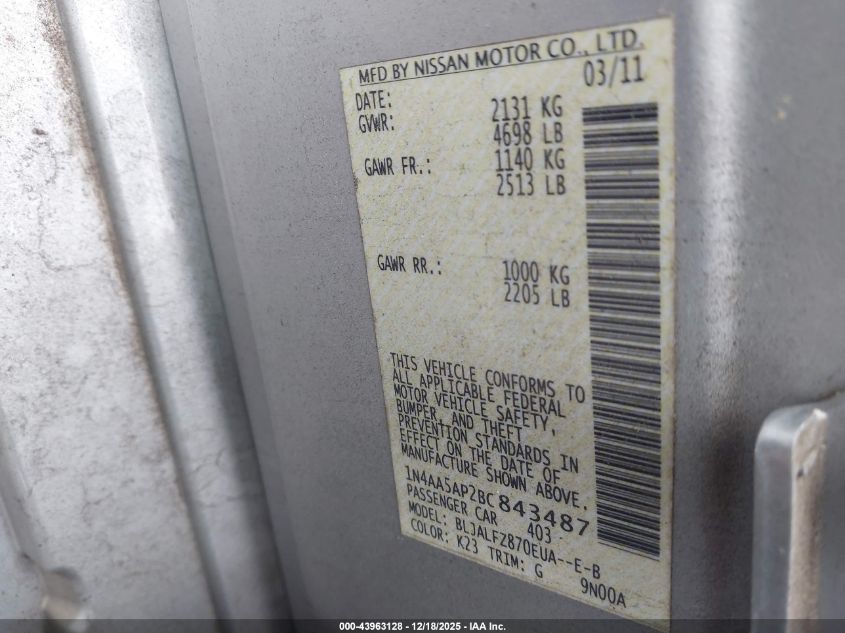 2011 Nissan Maxima 3.5 Sv VIN: 1N4AA5AP2BC843487 Lot: 43963128