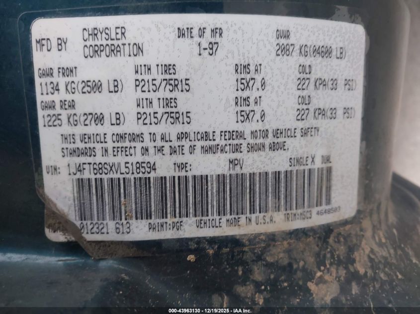1997 Jeep Cherokee Sport VIN: 1J4FT68SXVL518594 Lot: 43963130