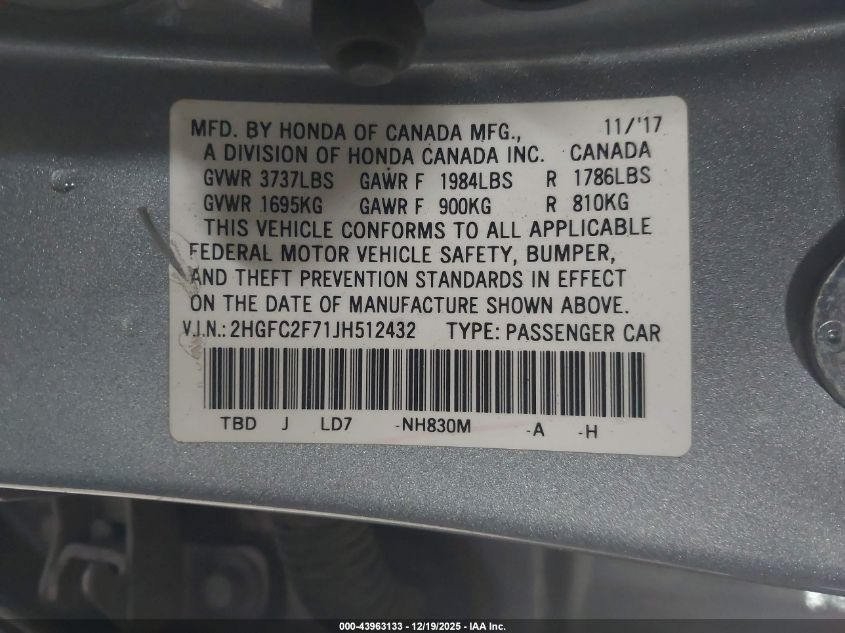 2018 Honda Civic Ex VIN: 2HGFC2F71JH512432 Lot: 43963133