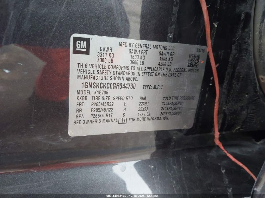 2016 Chevrolet Tahoe Ltz VIN: 1GNSKCKC0GR344730 Lot: 43963132