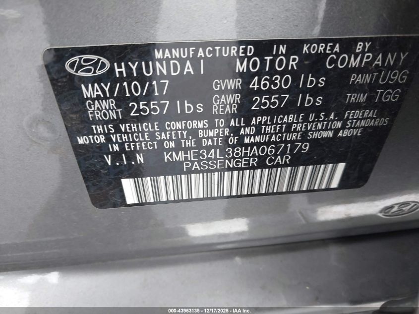 2017 Hyundai Sonata Hybrid Limited VIN: KMHE34L38HA067179 Lot: 43963135