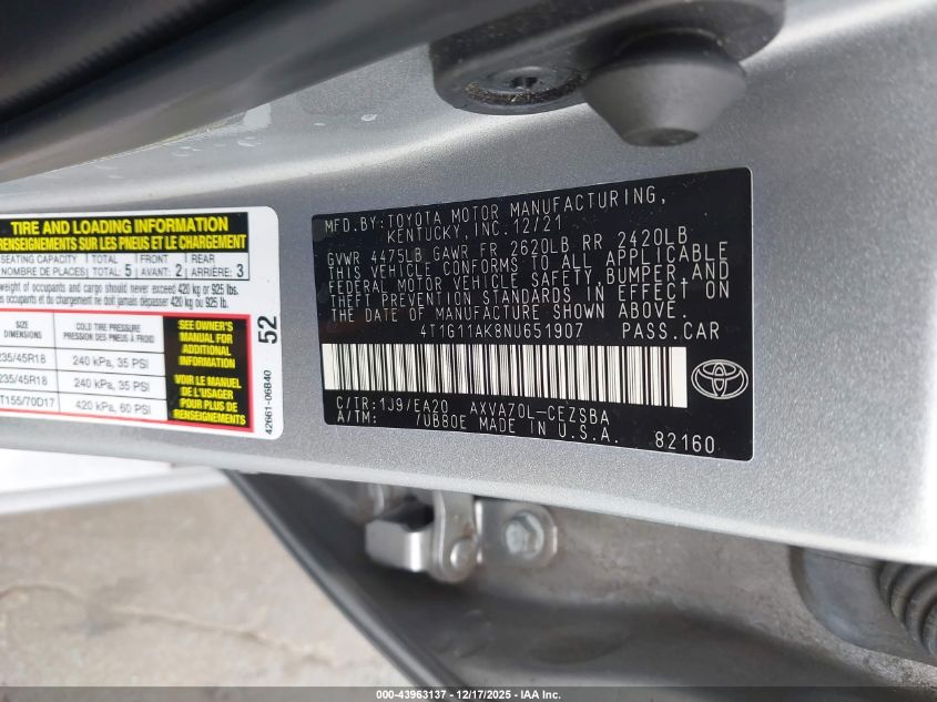 2022 Toyota Camry Se VIN: 4T1G11AK8NU651907 Lot: 43963137