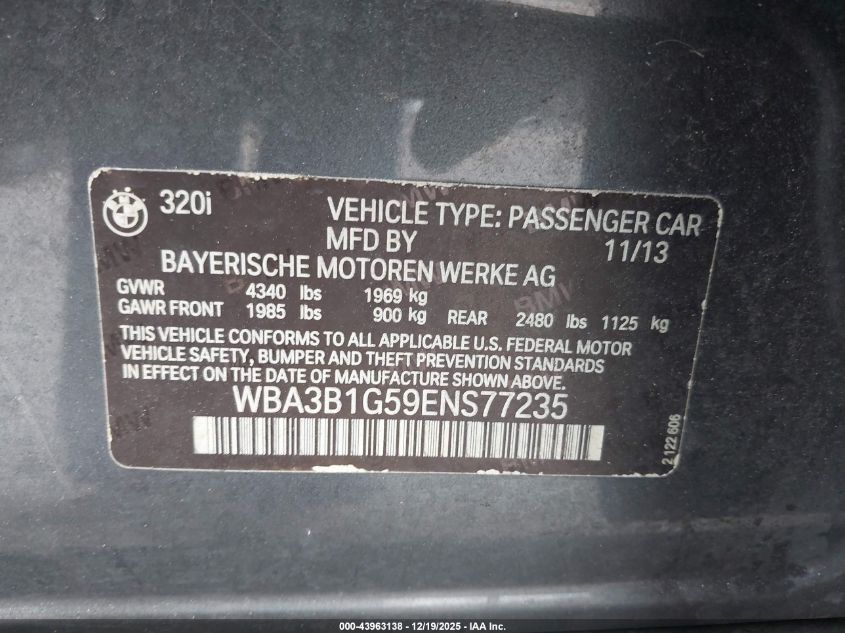 2014 BMW 320I VIN: WBA3B1G59ENS77235 Lot: 43963138