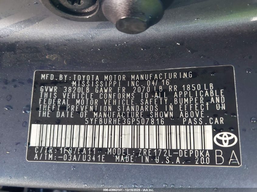 2016 Toyota Corolla L VIN: 5YFBURHE3GP507816 Lot: 43963141