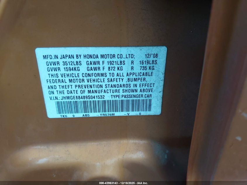 2009 Honda Fit Sport VIN: JHMGE88489S041532 Lot: 43963143