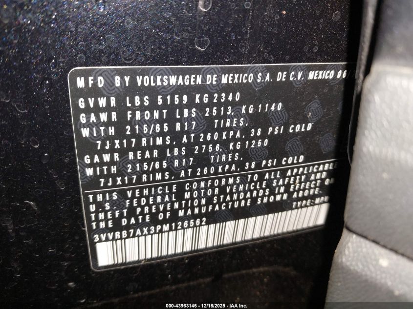 2023 Volkswagen Tiguan 2.0T S VIN: 3VVRB7AX3PM126562 Lot: 43963146