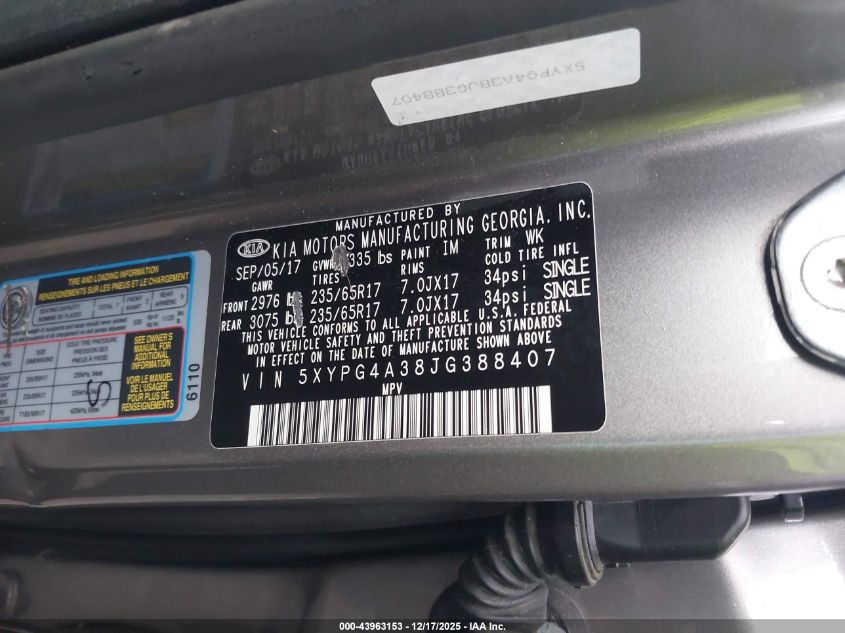2018 Kia Sorento 2.4L Lx VIN: 5XYPG4A38JG388407 Lot: 43963153