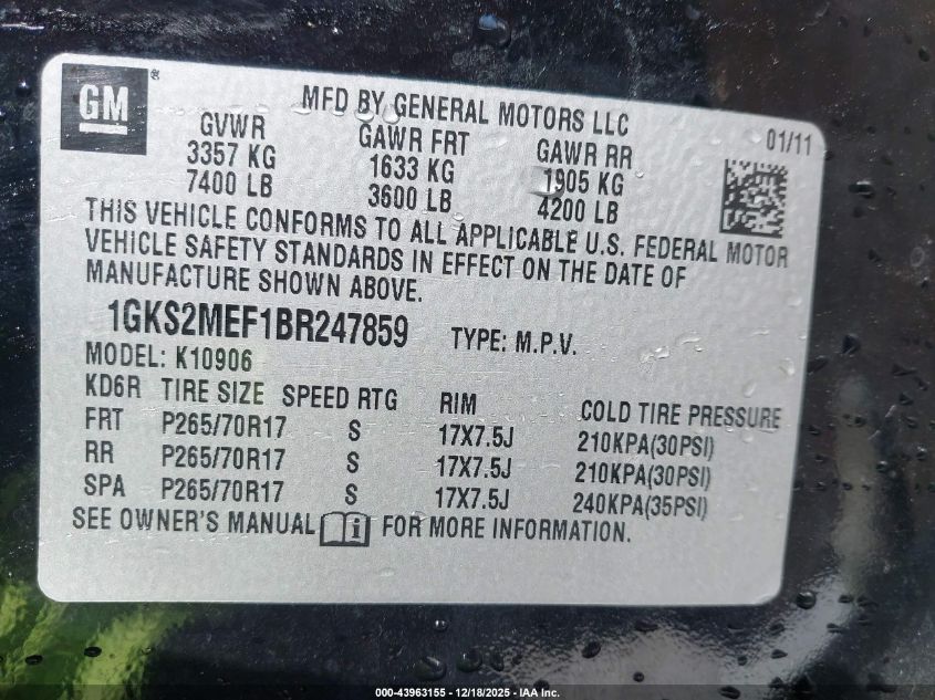 2011 GMC Yukon Xl 1500 Denali VIN: 1GKS2MEF1BR247859 Lot: 43963155