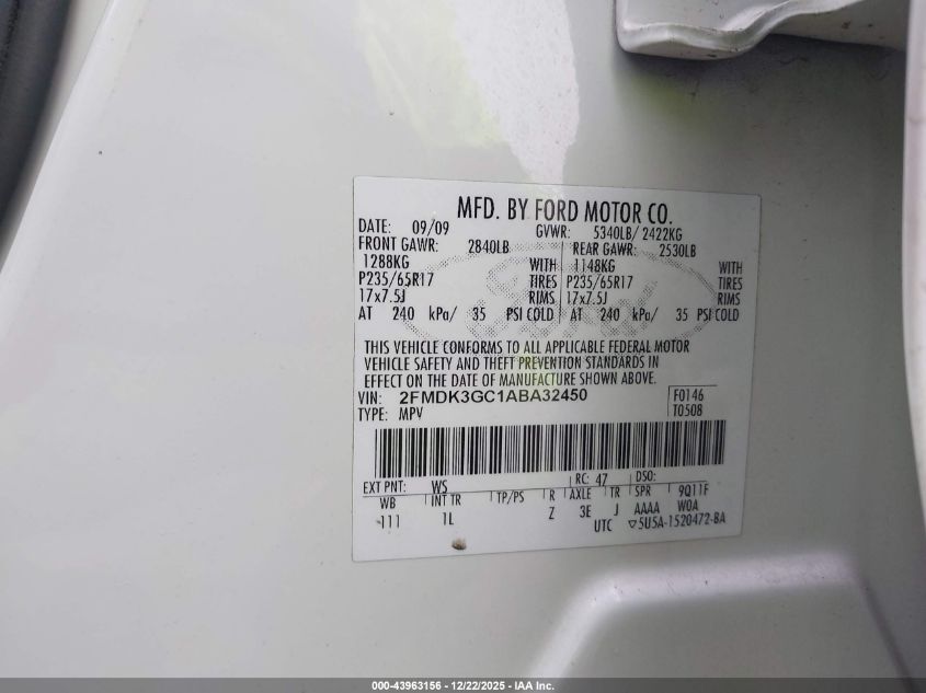 2010 Ford Edge Se VIN: 2FMDK3GC1ABA32450 Lot: 43963156