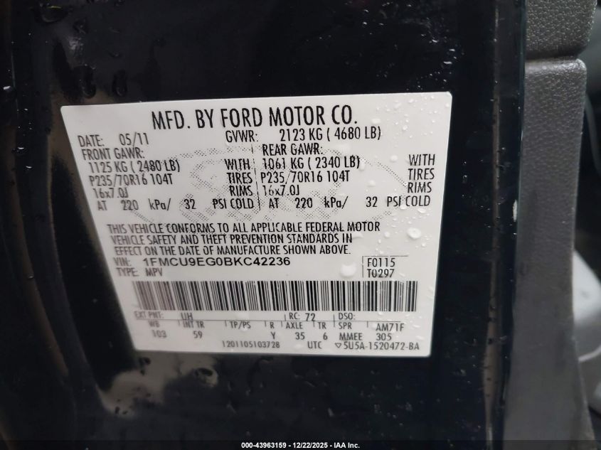 2011 Ford Escape Limited VIN: 1FMCU9EG0BKC42236 Lot: 43963159
