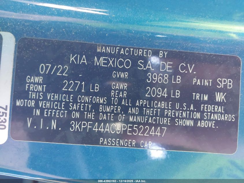 2023 Kia Forte Gt VIN: 3KPF44AC9PE522447 Lot: 43963163