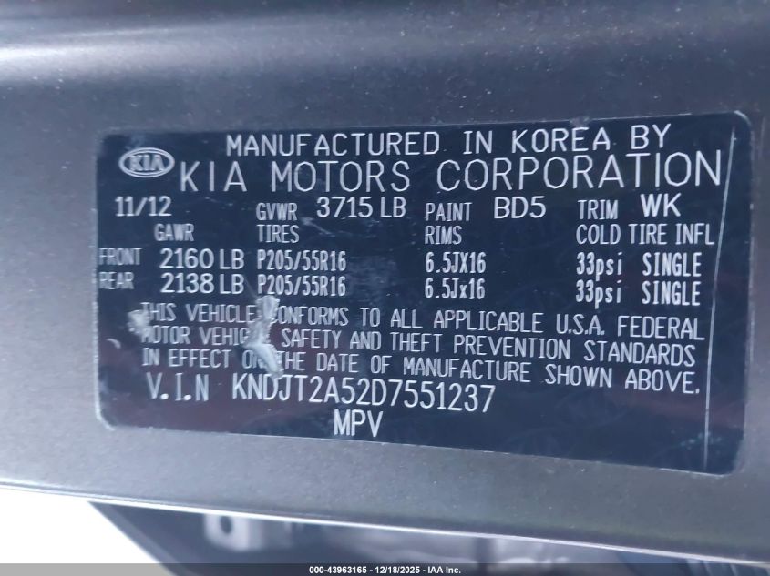 2013 Kia Soul VIN: KNDJT2A52D7551237 Lot: 43963165