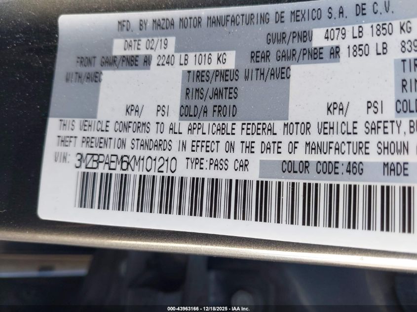 2019 Mazda Mazda3 Premium Package VIN: 3MZBPAEM6KM101210 Lot: 43963166