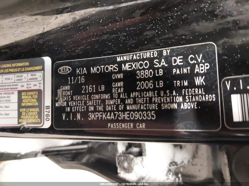 2017 Kia Forte Lx VIN: 3KPFK4A73HE090335 Lot: 43963167