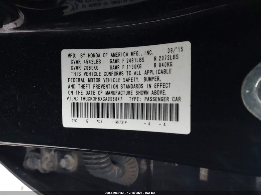 2016 Honda Accord Ex-L V-6 VIN: 1HGCR3F8XGA006847 Lot: 43963168