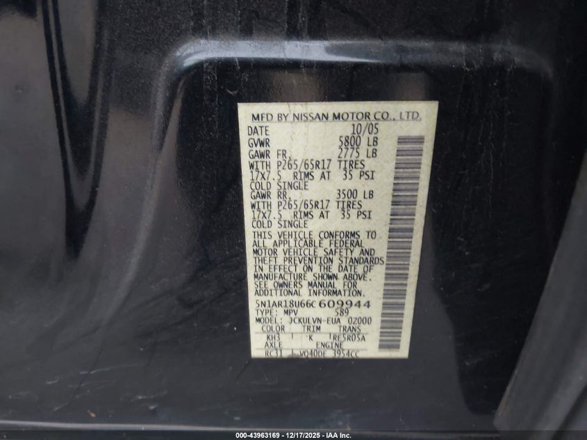 2006 Nissan Pathfinder Le VIN: 5N1AR18U66C609944 Lot: 43963169