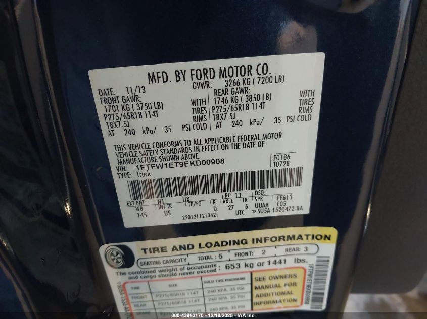 2014 Ford F-150 Xlt VIN: 1FTFW1ET9EKD00908 Lot: 43963170