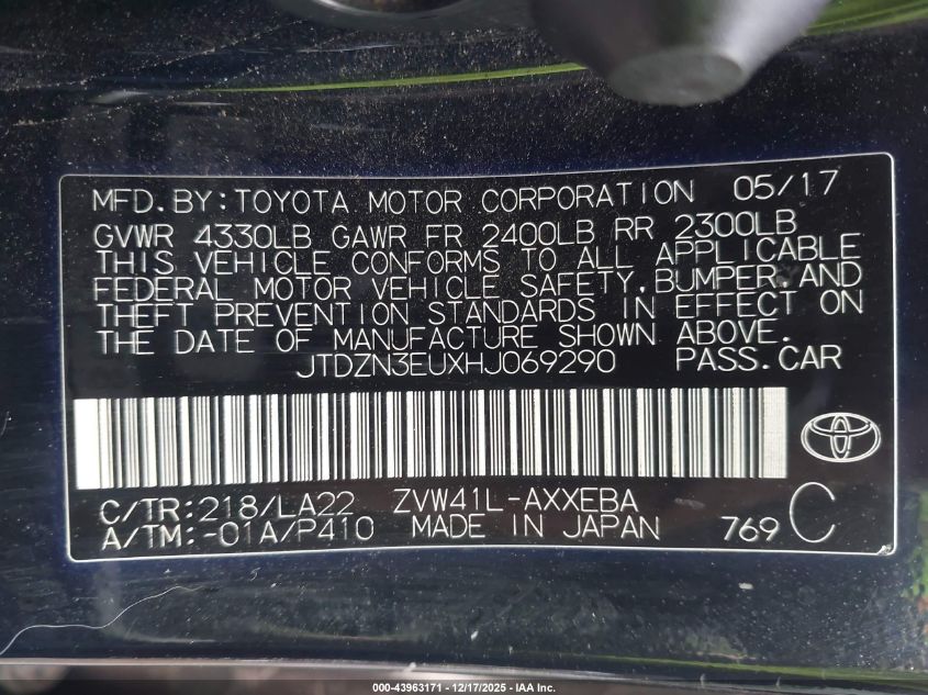 2017 Toyota Prius V Five VIN: JTDZN3EUXHJ069290 Lot: 43963171