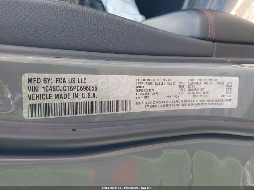 2023 Dodge Durango R/T Awd VIN: 1C4SDJCT6PC696056 Lot: 43963173