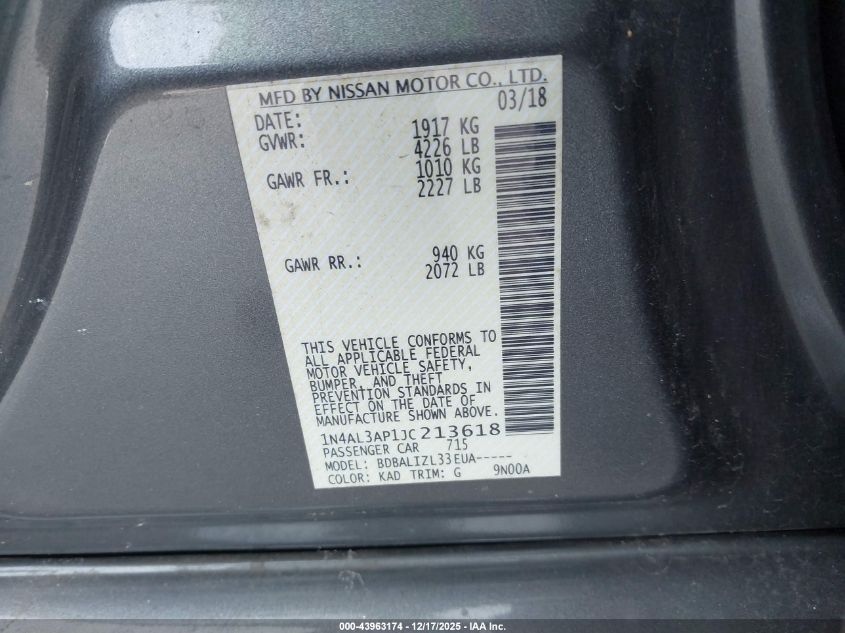 2018 Nissan Altima 2.5 Sv VIN: 1N4AL3AP1JC213618 Lot: 43963174