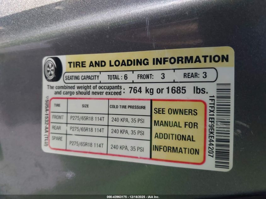 2014 Ford F-150 Stx VIN: 1FTFX1EF9EKE44207 Lot: 43963175