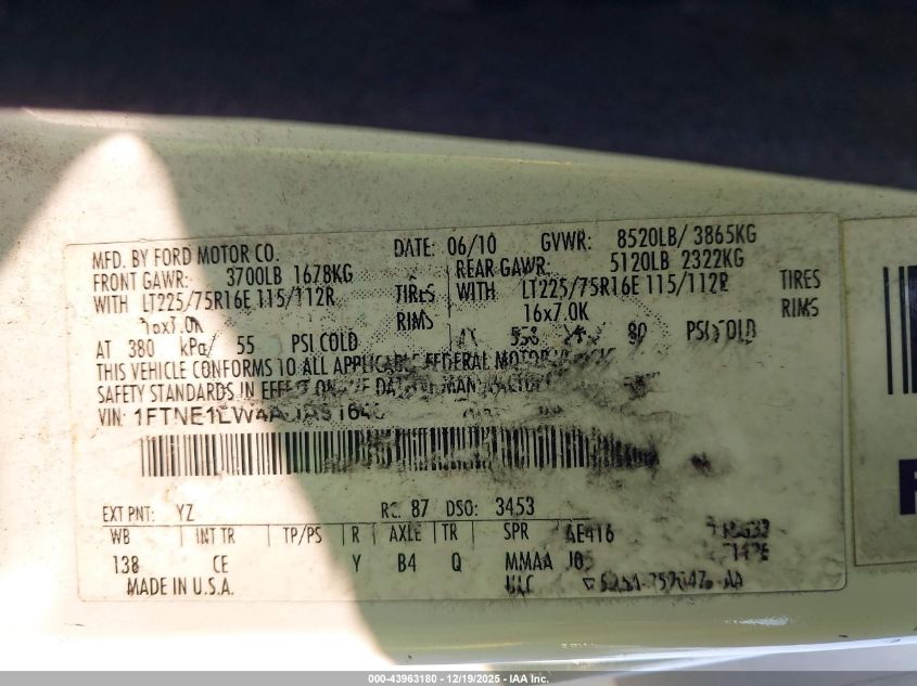 2010 Ford E-150 Commercial/Recreational VIN: 1FTNE1EW4ADA91648 Lot: 43963180