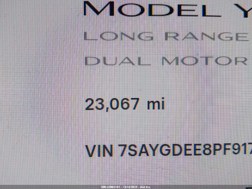 2023 Tesla Model Y Awd/Long Range Dual Motor All-Wheel Drive VIN: 7SAYGDEE8PF917907 Lot: 43963181