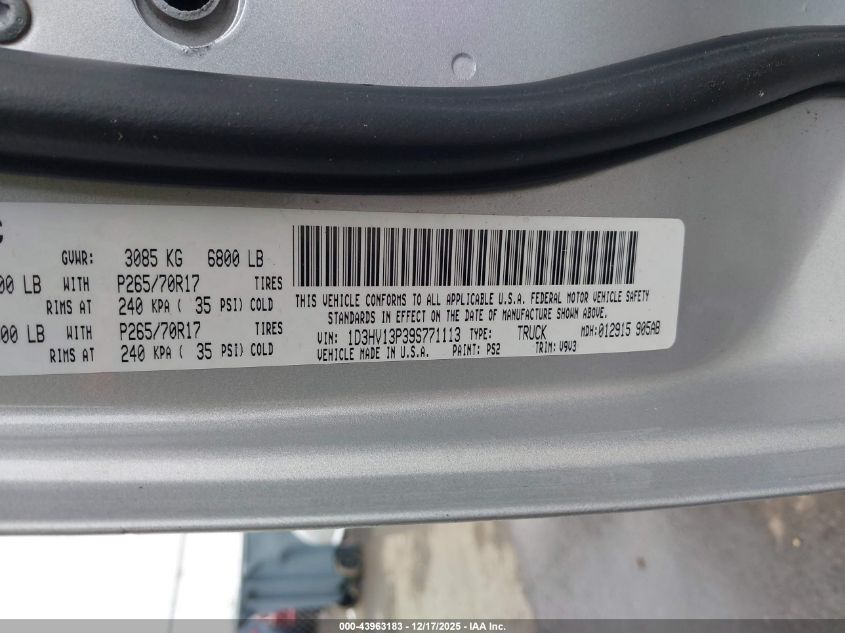 2009 Dodge Ram 1500 Slt/Sport/Trx VIN: 1D3HV13P39S771113 Lot: 43963183