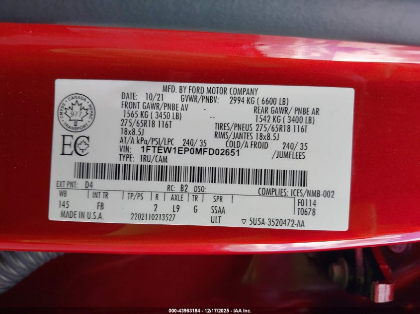 2021 Ford F-150 Xlt VIN: 1FTEW1EP0MFD02651 Lot: 43963184