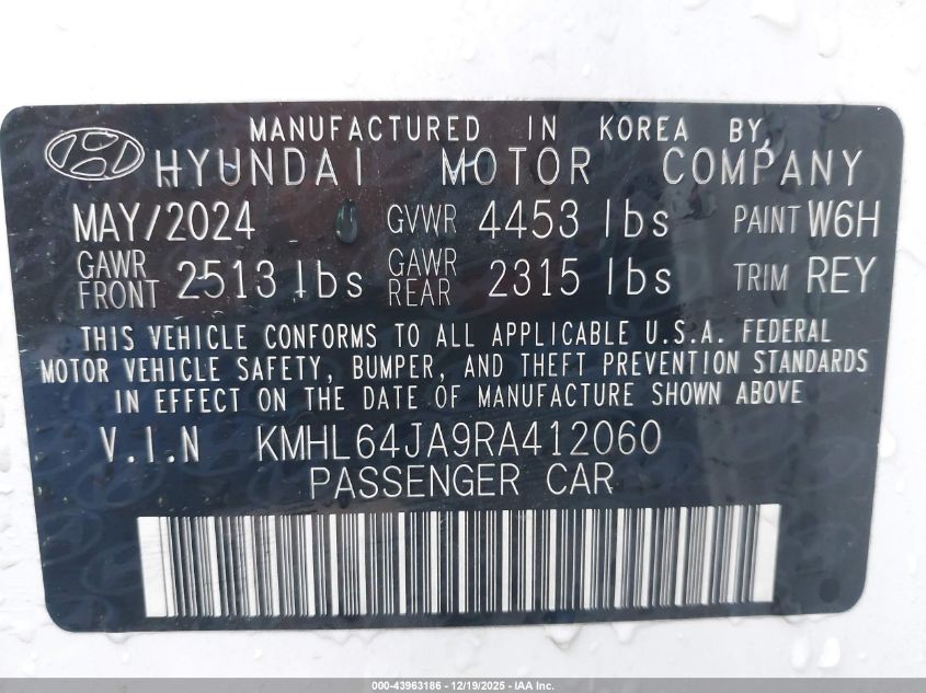 2024 Hyundai Sonata Sel VIN: KMHL64JA9RA412060 Lot: 43963186