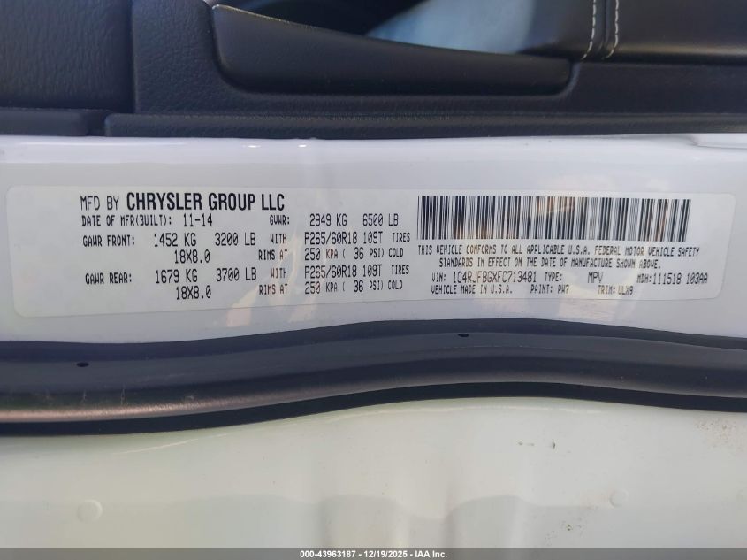 2015 Jeep Grand Cherokee Limited VIN: 1C4RJFBGXFC713481 Lot: 43963187