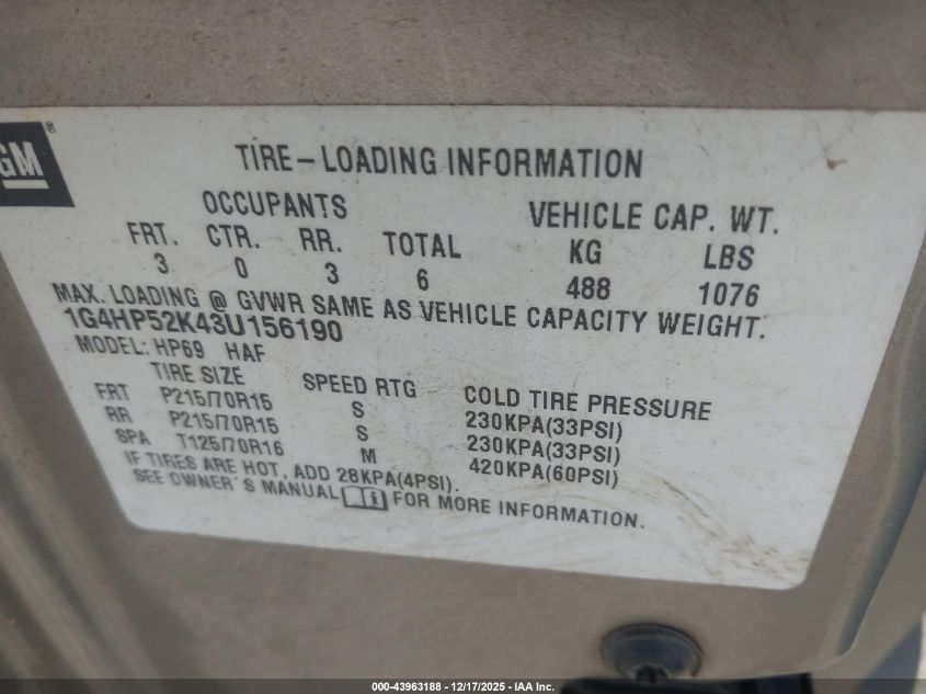 2003 Buick Lesabre Custom VIN: 1G4HP52K43U156190 Lot: 43963188