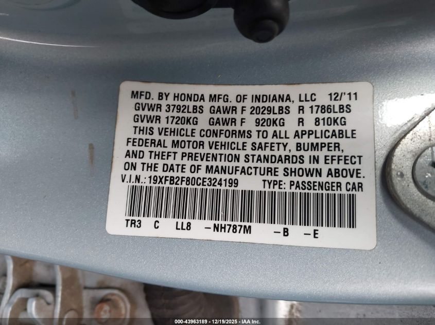 2012 Honda Civic Ex VIN: 19XFB2F80CE324199 Lot: 43963189