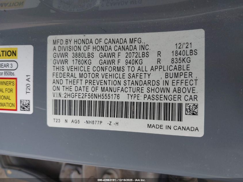 2022 Honda Civic Sport VIN: 2HGFE2F56NH555176 Lot: 43963191