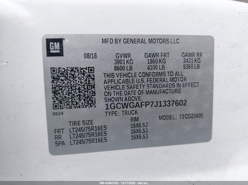 2018 Chevrolet Express 2500 Work Van VIN: 1GCWGAFP7J1337602 Lot: 43963192