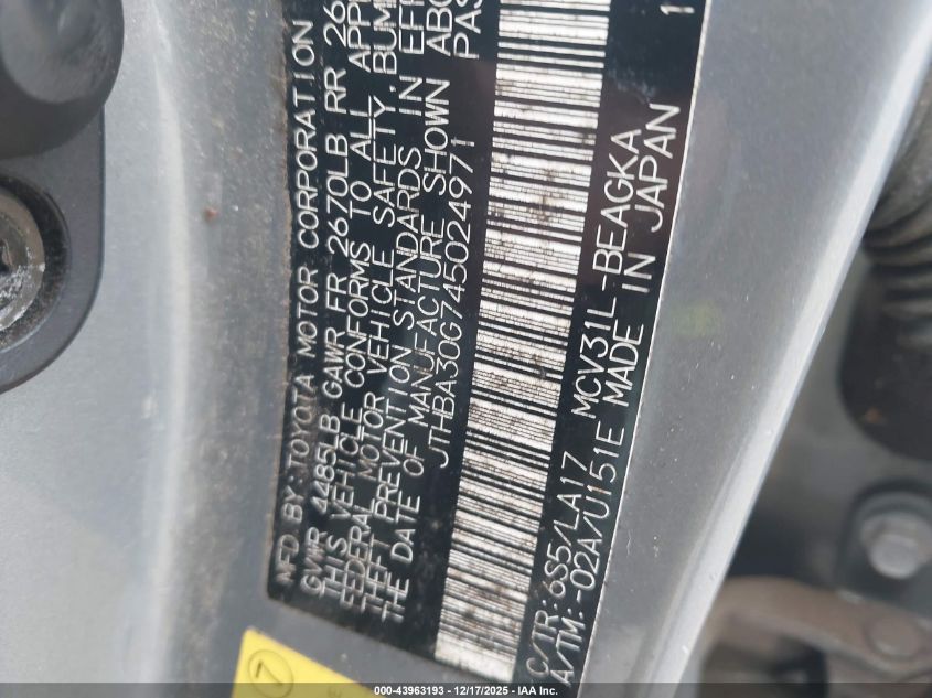 2004 Lexus Es 330 VIN: JTHBA30G745024971 Lot: 43963193