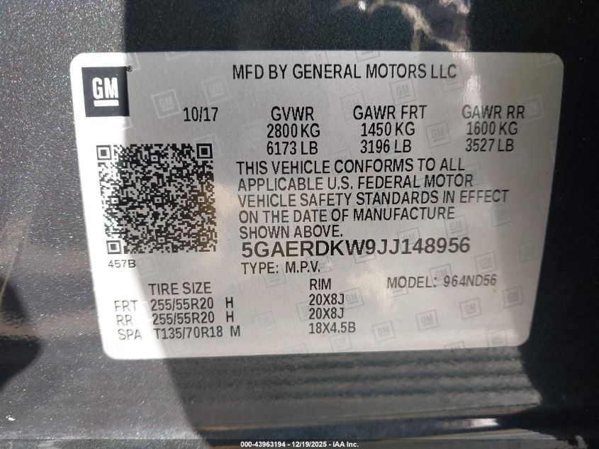 2018 Buick Enclave Avenir VIN: 5GAERDKW9JJ148956 Lot: 43963194