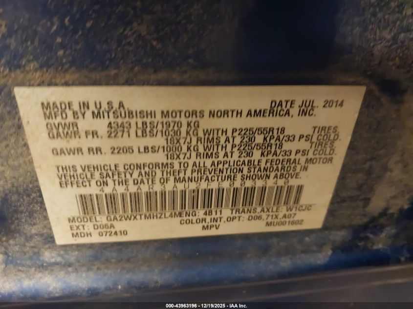 2015 Mitsubishi Outlander Sport Es VIN: 4A4AR3AU2FE003340 Lot: 43963196