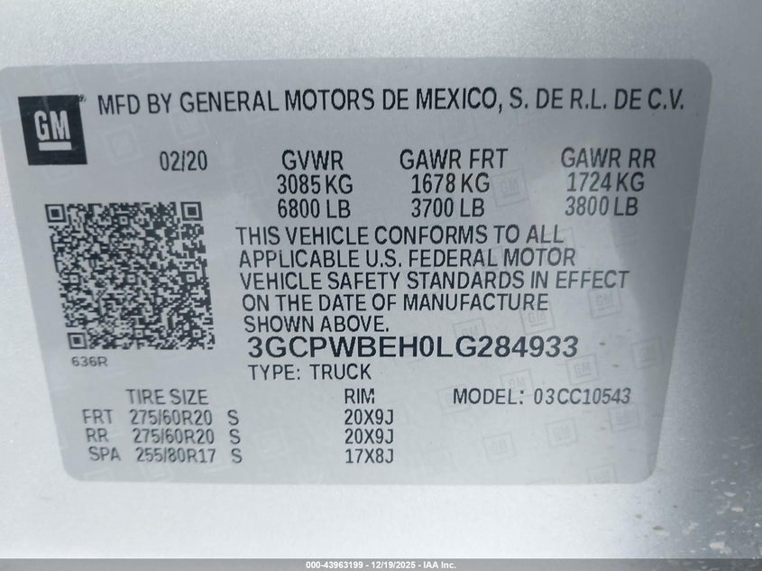 VIN 3GCPWBEH0LG284933 2020 CHEVROLET SILVERADO 1500 2WD  SHORT BED CUSTOM