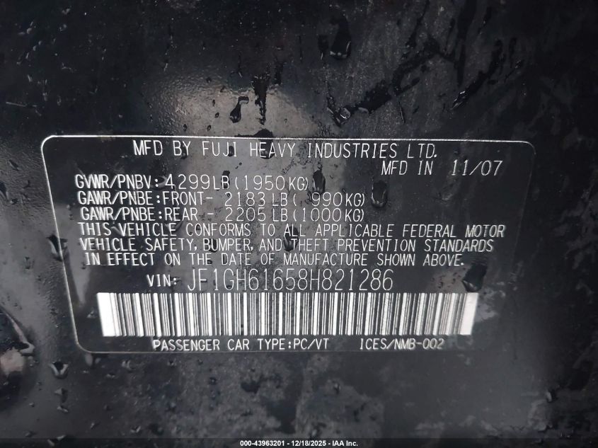 2008 Subaru Impreza 2.5I VIN: JF1GH61658H821286 Lot: 43963201