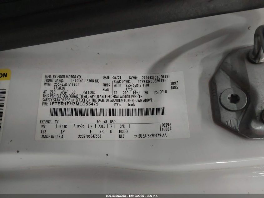 2021 Ford Ranger Xl VIN: 1FTER1FH7MLD55475 Lot: 43963203