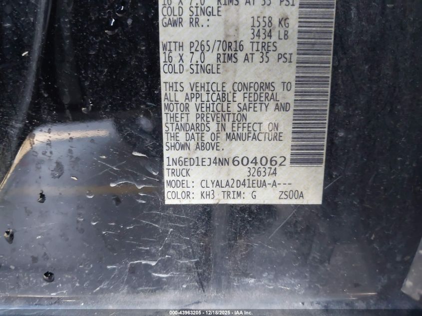 2022 Nissan Frontier S 4X2 VIN: 1N6ED1EJ4NN604062 Lot: 43963205