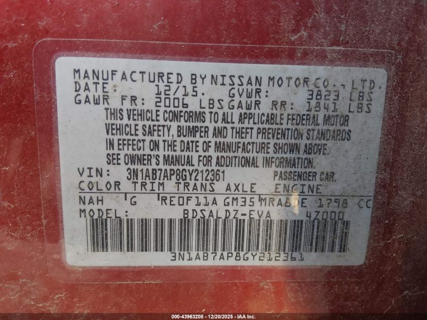 2016 Nissan Sentra Sv VIN: 3N1AB7AP8GY212361 Lot: 43963208