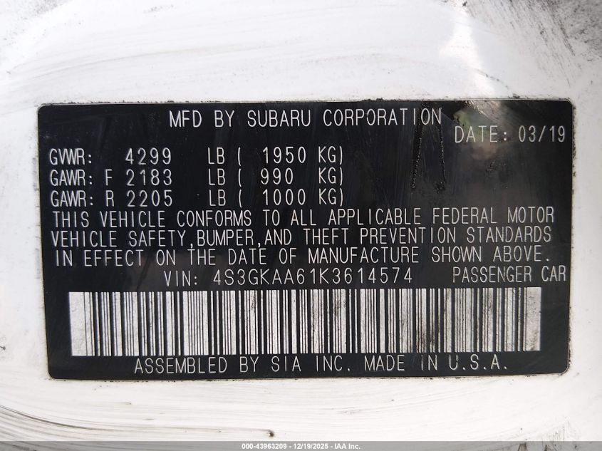 2019 Subaru Impreza 2.0I VIN: 4S3GKAA61K3614574 Lot: 43963209